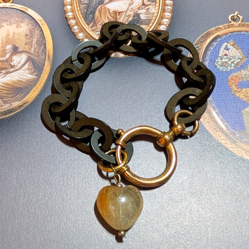 Victorian Era Gutta-Percha Mourning Bracelet With Quartz Heart Charm